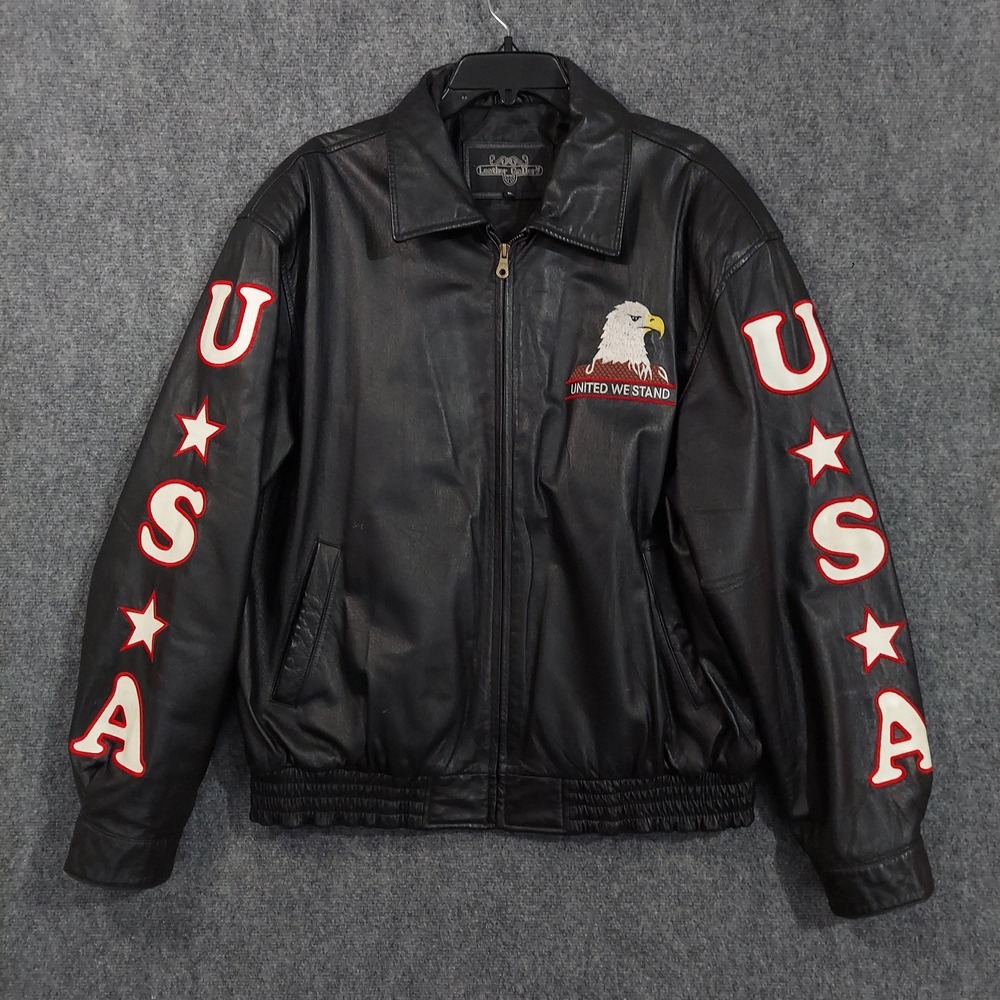 Leather Gallery Jacket Mens XL Black USA Eagle Flag‎ Patriotic Bomber Biker
